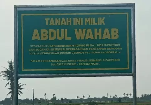 Plang tanah milik ahli waris sah almarhum Abdul Wahab