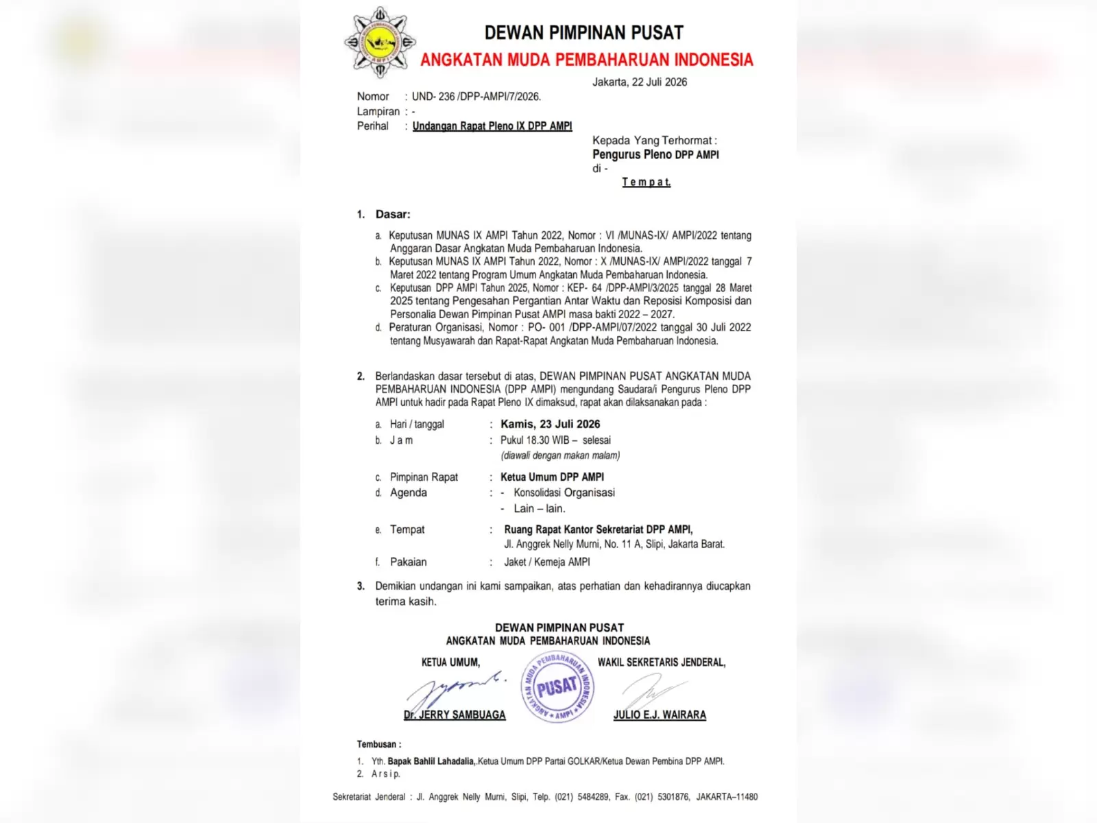 Undangan Rapat Pleno IX DPP Angkatan Muda Pembaharuan Indonesia (AMPI) (Dok: Istimewa)